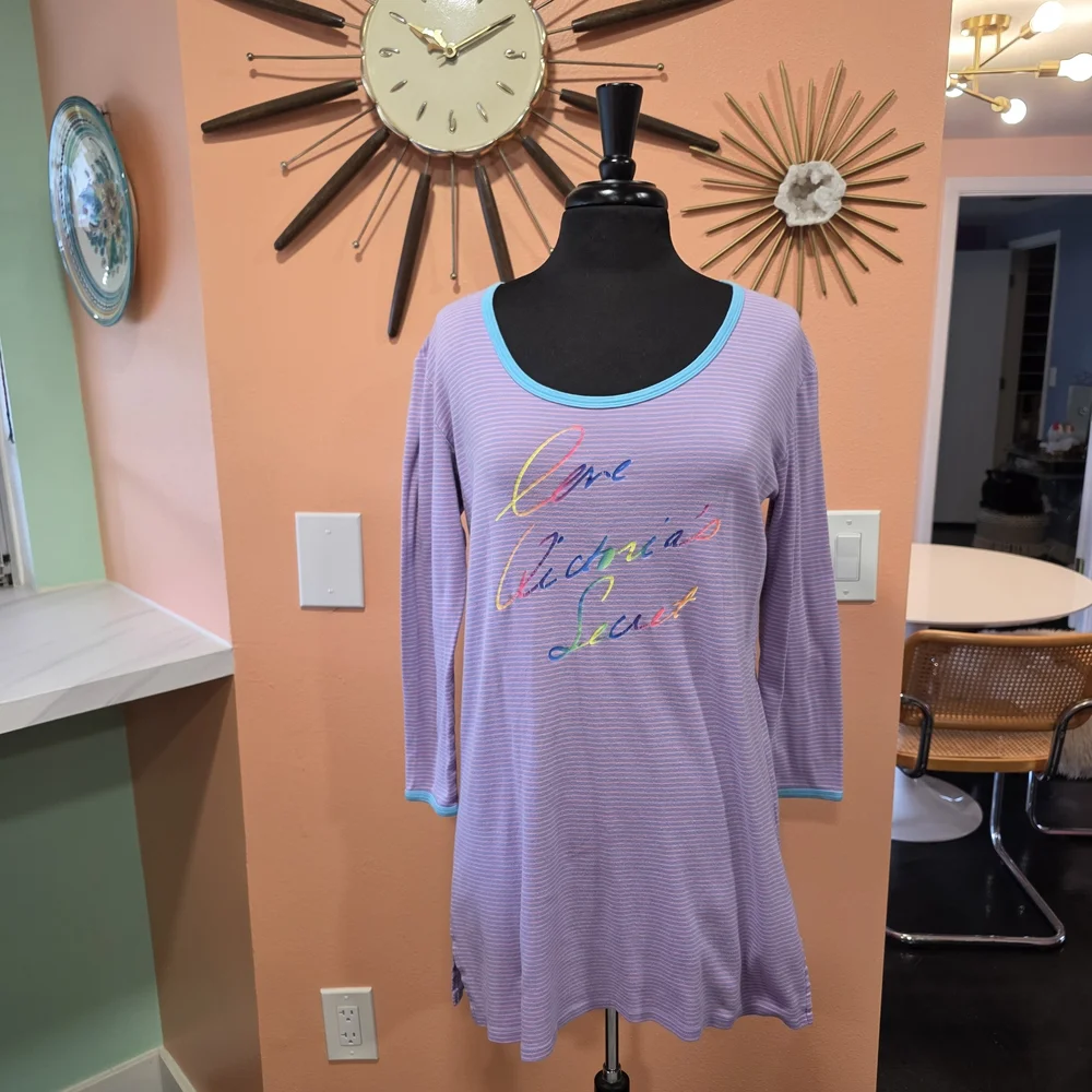 Victoria's Secret XS Cotton Nightgown Purple Striped Pajamas Rainbow Logo